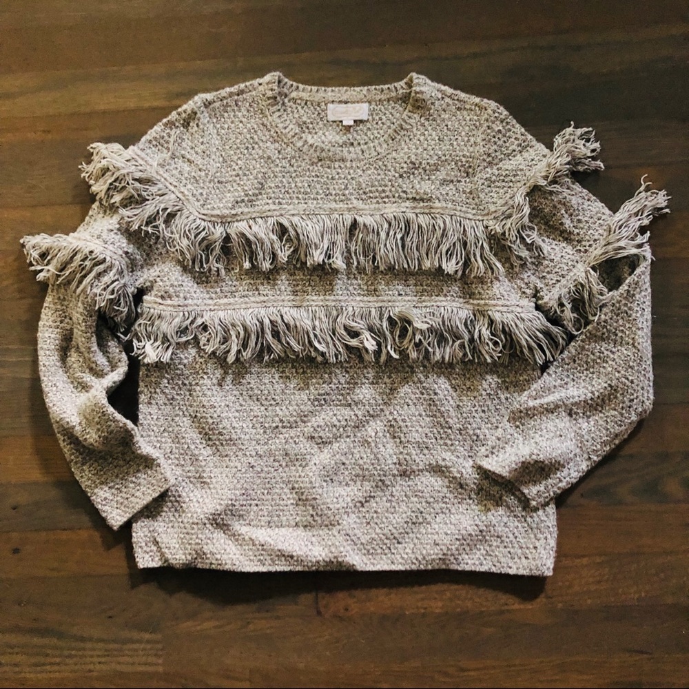 Mudpie fringe cream and gray knit sweater